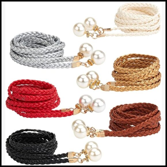 PU Leather Braided Woven Tassel Chain Belt with Imitation Pearl main image 5